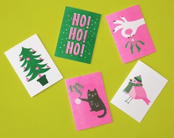 Set of 5 Christmas Cards - Risograph printed A6 size