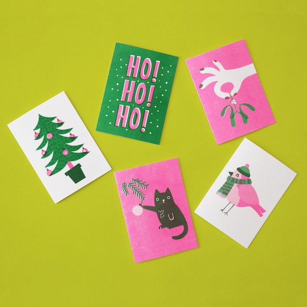 Set of 5 Christmas Cards - Risograph printed A6 size