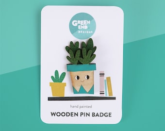 Succulent badge d’épingle en bois - Peint à la main, badge découpé au laser à deux couches