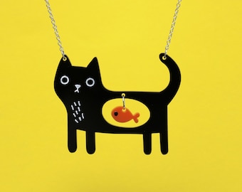 black cat acrylic necklace, quirky cat and fish kawaii - cat necklace gift