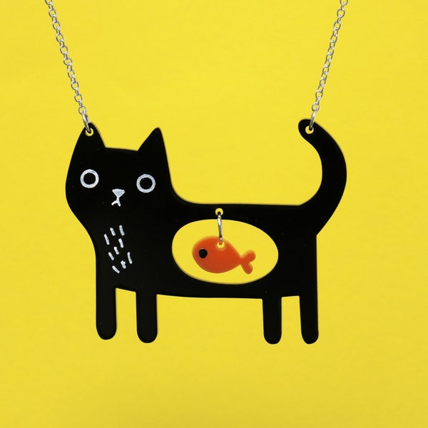Collier acrylique chat noir, chat original et poisson kawaii - cadeau collier chat