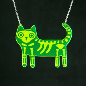 Neon Green Cat Skeleton Necklace: Glow Edge Acrylic, Silver Chain