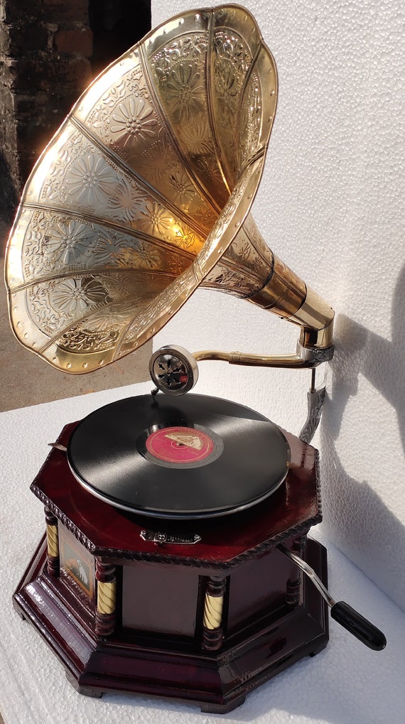 Antique Vintage Replica Gramophone Phonograph Record Player Original  Working Wooden and Brass Horn Gramophone Old Music Record Player 