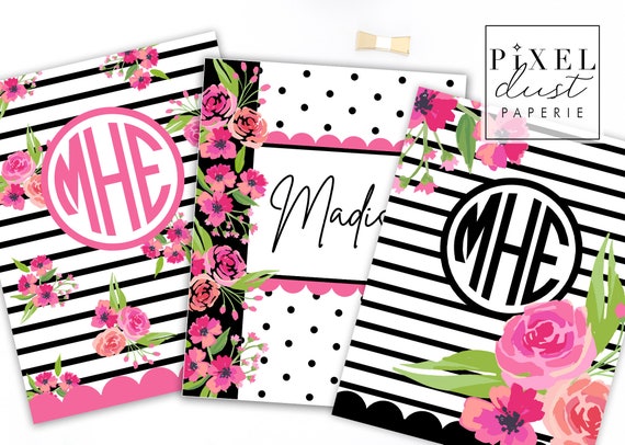 Binder Covers Set Of 3 Pink Flowers Black And White Stripe Etsy