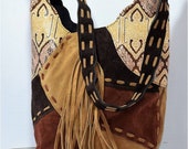 Leather Patchwork Bag Tooled Leather Handcraft Leather Bag Bohemian Bag Leather Fringe College Going Bags Suede Hobo Bag Brown Bag,