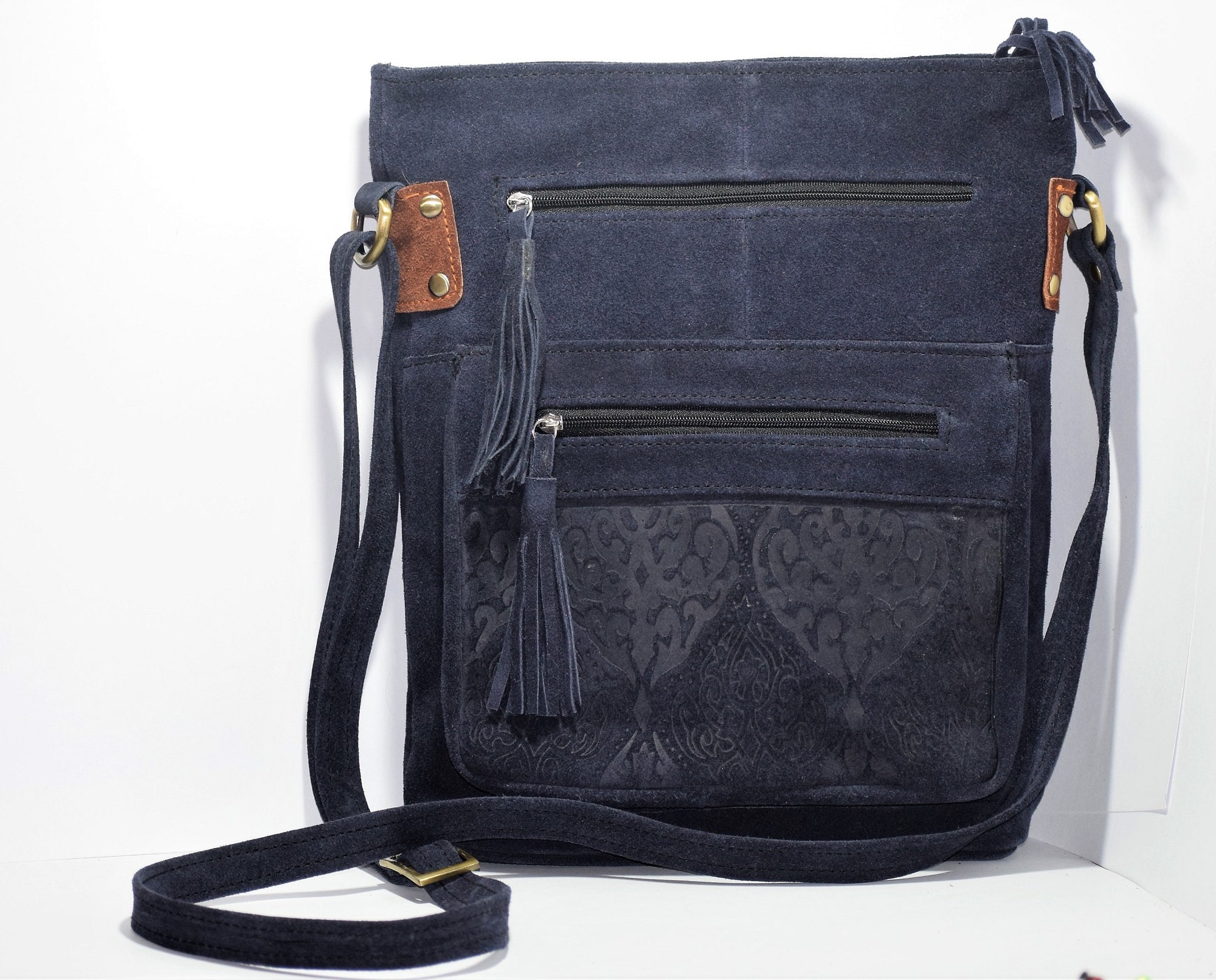 Blue Suede Leather Bag Large Cross Body Bag Shoulder Bag Leather Woman