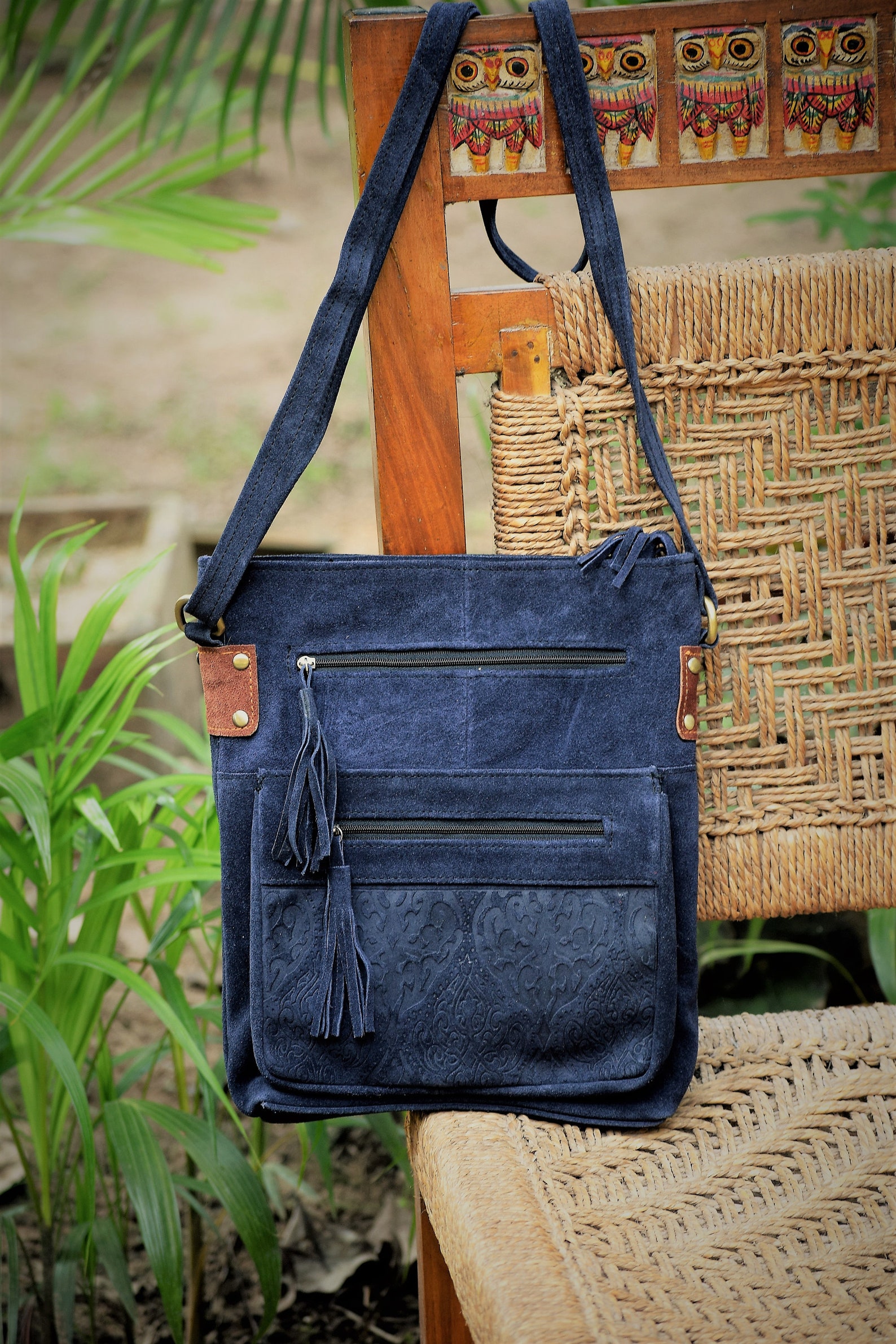 Blue Suede Leather Bag Large Cross Body Bag Shoulder Bag Leather Woman