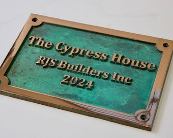 Cast Copper with Verdigris Background house decorative Plaque Sign - Any Text - Any Font - 8 Sizes