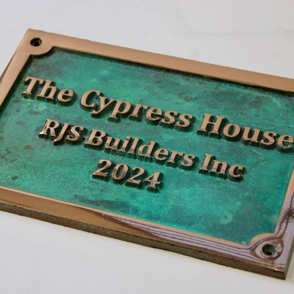 Cast Copper with Verdigris Background house decorative Plaque Sign - Any Text - Any Font - 8 Sizes