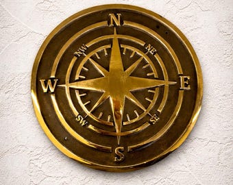 Bronze Compass Wall Plaque – Cast Metal Nautical Compass Rose Sign, Outdoor Garden Decor, Coastal Wall Art, Heavy Solid Bronze