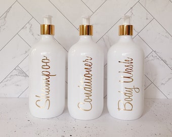 GOLD Bathroom Bottle Set - 1 litre, 500ml or 250ml metallic polished gold accented refillable bottles