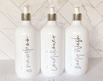 Polished Silver Bathroom Bottle Set - 1 litre, 500ml or 250ml metallic reusable dispenser bottles - Shampoo Conditioner & Body Wash