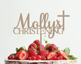 Personalised Religious Cross Cake Topper - Customised Name Cake Topper - Cake Decoration for Christening Celebration