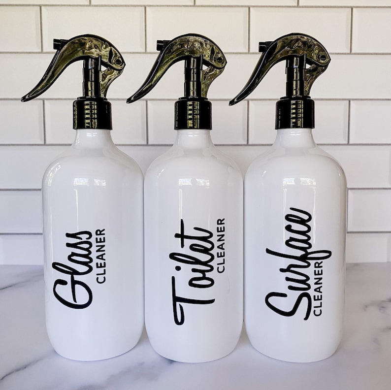 fully personalised white spray pump bottles for your daily cleaning routine.