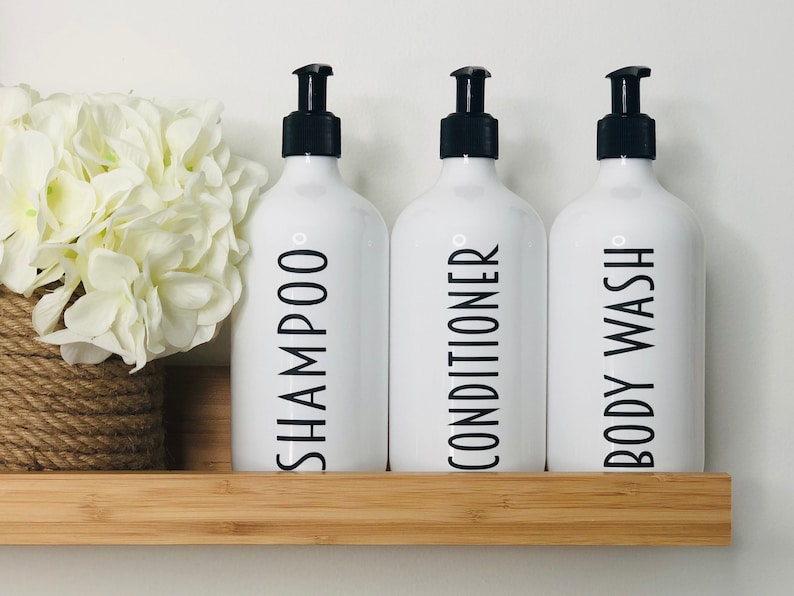 Custom Shampoo Bottles for Bathroom Shower Decoration.  White Personalised Shower Bottles