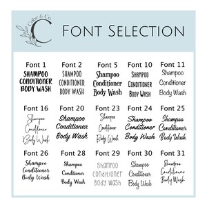 May include: A light blue background with the text "Cabe & Co" in a decorative font. The text "FONT SELECTION" is in a larger, bold font. Below the text are 11 different font styles, each with the text "Shampoo Conditioner Body Wash" in the corresponding font.