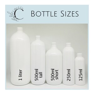 May include: Five white plastic bottles of varying sizes arranged in a row. The text reads Cabe & Co BOTTLE SIZES, 1 liter, 500ml tall, 500ml short, 250ml, and 125ml. Each bottle features a threaded neck and a smooth, cylindrical body design.