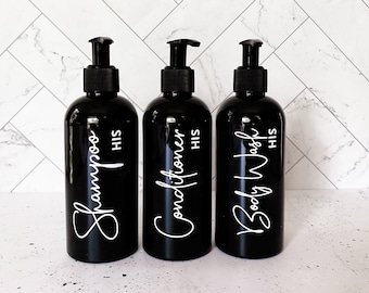 Black Refillable Pump Bottle Set - 1 litre, 500ml, 250ml 0r 125ml | Soap Dispenser for Shampoo,  Conditioner & Body Wash | Bathroom Decor