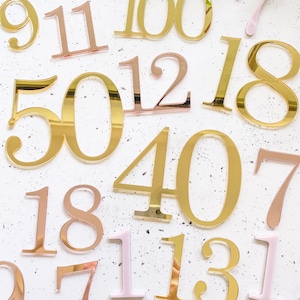 May include: A collection of gold, rose gold, and pink acrylic numbers, such as 1, 7, 9, 11, 12, 13, 18, 40, 50, and 100. These numbers, in various sizes and fonts, are suitable for cake toppers or event decorations.