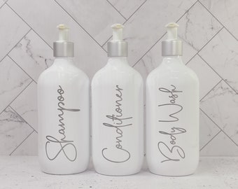SATIN SILVER Bathroom Bottle Set - 1 litre, 500ml or 250ml metallic reusable dispenser bottles - Shampoo Conditioner & Body Wash
