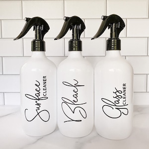 Kitchen caddy spray pump cleaning bottles, personalised with custom label