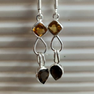 Citrine With Smokey Quartz Dangle Drop Earrings, Handmade 925 Sterling Silver Natural Gem stone Earring, Statement Jewellery, Silver Earring