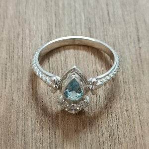 Aquamarine + Moissanite Ring. Natural Aquamarine Pear, Round Moissanite Handmade Sterling Silver Ring. Wedding Ring, Statement Women&#39;s Ring