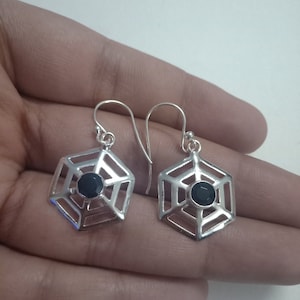 Handmade Black Onyx Earrings, 925 Sterling Silver Dangle & Drop Earrings, Hexagonal Earring, spider&#39;s cob web shaped Earrings for Halloween
