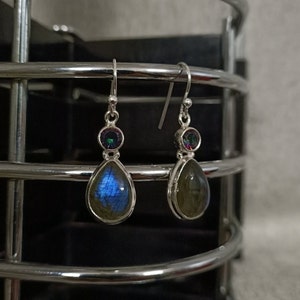 Labradorite Dangle Drop Earrings | Hand made 925 Sterling Silver Natural Gem stone Earring | Statement Jewellery | Silver Earrings