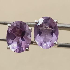Natural Amethyst Stud Earrings with 925 Sterling Silver Handmade Setting, Purple Semi Precious Gemstone Earrings, Birthstone Earrings