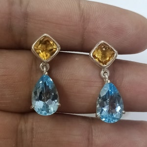 Handmade Blue Topaz Pear Drop With Citrine Cushion Earrings made with 925 Sterling Silver / Pear And Cushion Shape Natural Gemstone Dangler