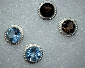 Natural Smoky/Blue Topaz Stud Earrings in 925 Sterling Silver Handmade Bezel Setting/Earlobe Piercing/Round Shape Blue/Brown Gemstone Studs