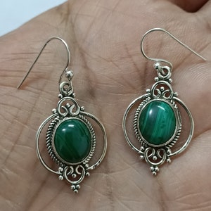 Handmade Earrings with Malachite Natural Semi Precious Gemstone & 925 Sterling Silver Dangler