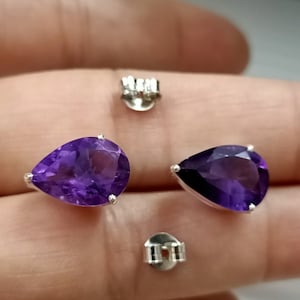 Natural Amethyst Stud Earrings with 925 Sterling Silver Handmade Setting, Purple Semi Precious Gemstone Earrings, Birthstone Earrings