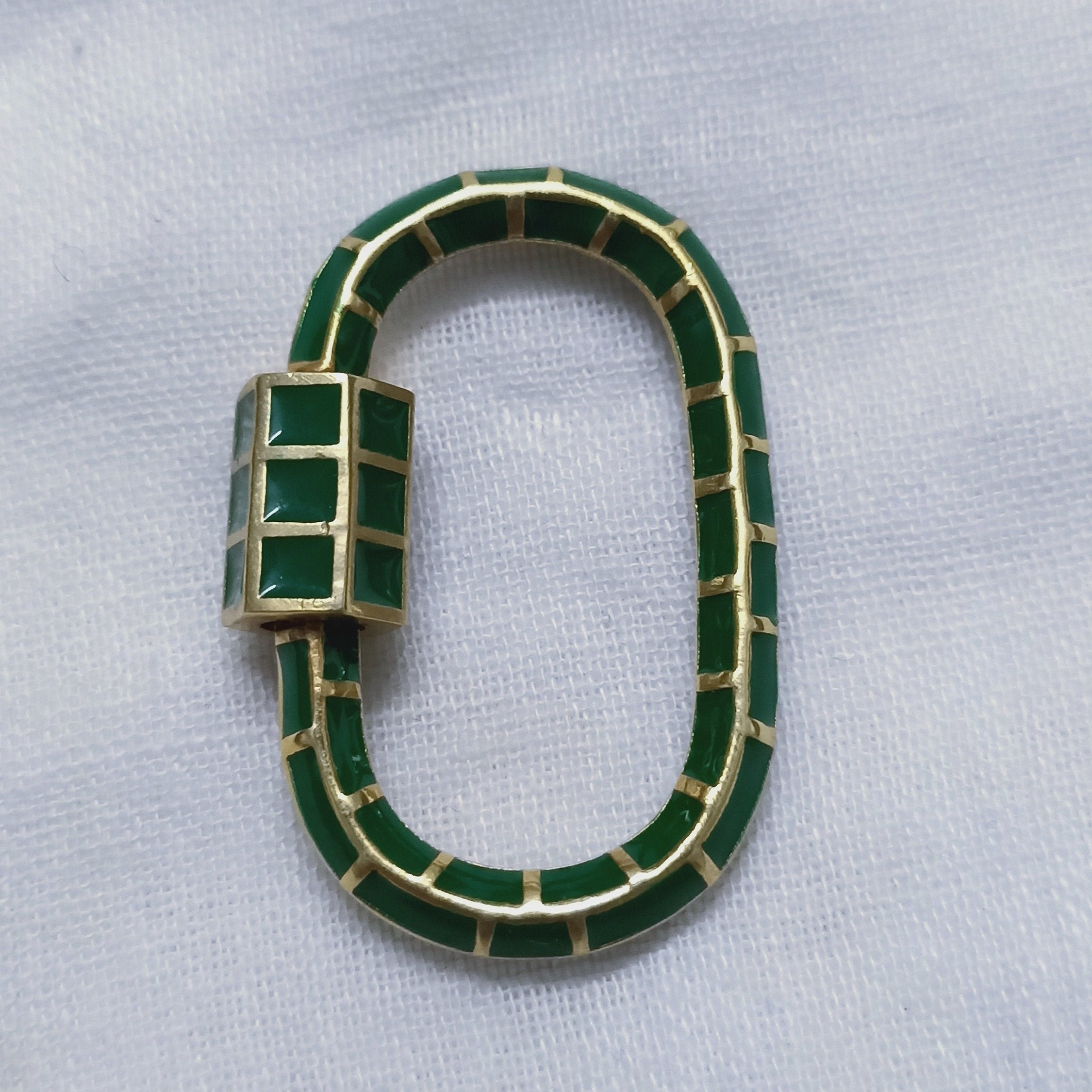 Handmade Sterling Silver Green Enamel Carabiner Lock, 925 Silver Oval…