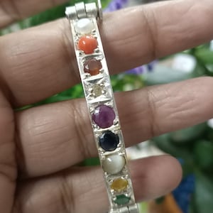 Navratna 925 Sterling Silver Bangle Bracelet. Pearl, Coral, Hessonite, Blue Sapphire, Ruby, Diamond+Cat&#39;s Eye+Yellow Sapphire+Emerald Bangle