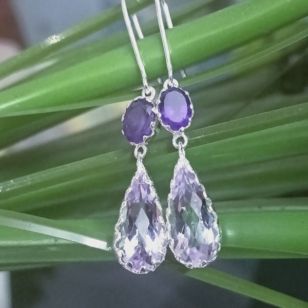 Boucles d’oreilles en améthyste faites à la main avec de l’argent sterling 925 et ovale et en forme de poire Naturelle Amethyst Gemstone Dangle, Bijoux faits à la main