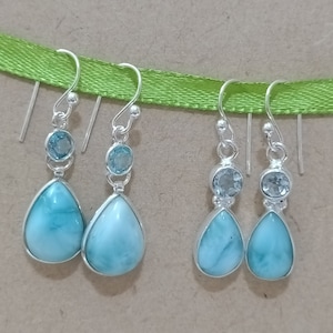Handmade Larimar Drop Earrings made with 925 Sterling Silver, Pear Shape Natural Blue Larimar Gemstone With Blue Topaz on top, Gift For Her