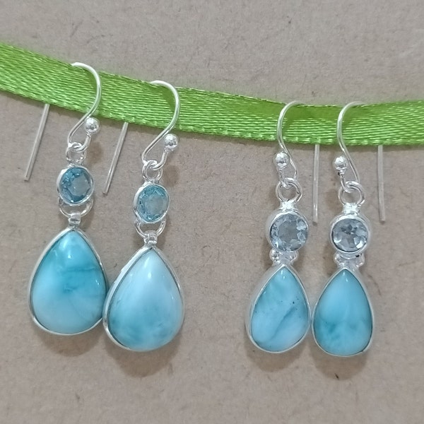 Handmade Larimar Drop Earrings made with 925 Sterling Silver and Pear Shape Natural Blue Larimar Gemstone With Blue Topaz on top.