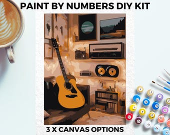 Guitar Studio PAINT by NUMBERS Kit Adults Minimalistic Chic DIY Painting Easy Beginners Hobby Painting Kit Wall Art Music Lovers Gift
