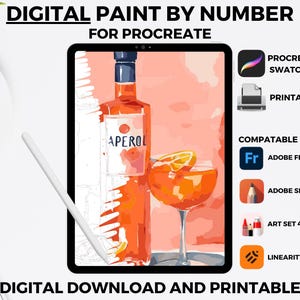 Puede incluir: Ilustración digital de pintura por números de un Aperol Spritz con una rodaja de naranja. La imagen es compatible con Procreate, Adobe Fresco, Adobe Sketchbook, Art Set 4 y Linearity Curve. La imagen está disponible para descarga digital e impresión.