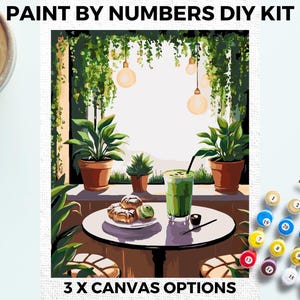 Matcha Cafe PAINT by NUMBERS Kit Adults Minimalistic Chic DIY Painting Easy Beginners Hobby Painting Kit Wall Green Cozy Plant Nook Gift Mum