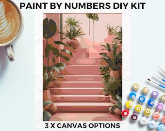 Kit de pintura de paisagem de escada rosa da NUMBERS para adultos, pintura minimalista chique faça você mesmo, kit de pintura fácil para iniciantes, arte de parede para presente