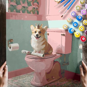 Corgis Hund Badezimmer PAINT by NUMBERS Kit Erwachsene Minimalistisch Chic DIY Malerei einfach Anfänger Hobby Malset Lustige Toilette Wand Kunst Geschenk