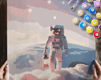 Astronaut PAINT by NUMBERS Kit Adults Minimalistic Chic DIY Painting Easy Beginners Hobby Painting Kit Wall Art Gift Mum Hearts Galaxy Space