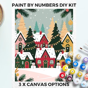 Christmas Houses PAINT by NUMBERS Kit Adults Minimalistic Chic DIY Painting Easy Beginners Hobby Painting Kit Wall Art Gift Mum Cute Festive