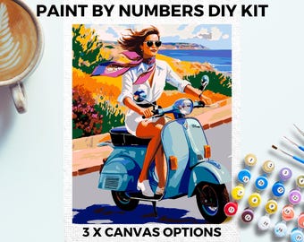 Kvinna Moped MÅLA efter SIFFROR Kit Vuxna Minimalistisk Chic DIY Målning Enkel Nybörjare Hobbymålning Kit Väggkonst Resepresent Mamma