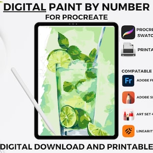 May include: Digital paint by number for Procreate, featuring a mojito illustration. Includes Procreate swatches and is printable. Compatible with Adobe Fresco, Adobe Sketchbook, Art Set 4, and Linearity Curve. Digital download.
