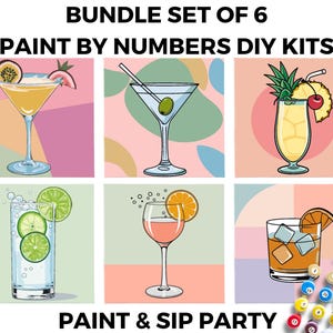 Paint and Sip PAINT by NUMBERS Kit Adults Minimalistic Chic DIY Painting Easy Beginners Hobby Painting Bundle Set of 6 Cocktail Art Party
