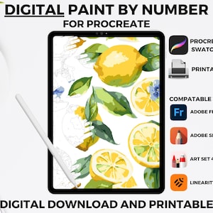 May include: Digital paint by number coloring page featuring lemons and leaves on a white background. Compatible with Procreate, Adobe Fresco, Adobe Sketchbook, Art Set 4, and Linearity Curve. Digital download and printable.